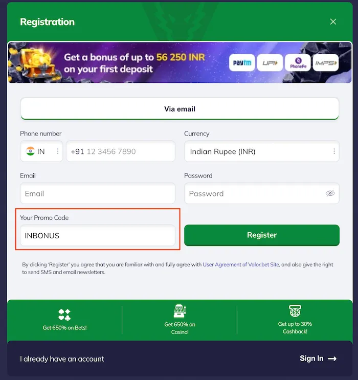 valor bet how to apply promo code