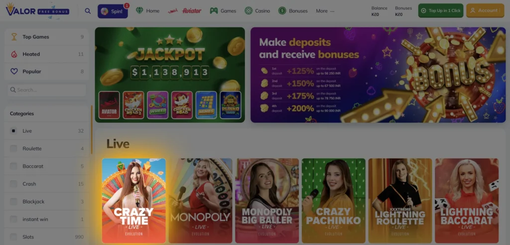 valor casino crazy time game